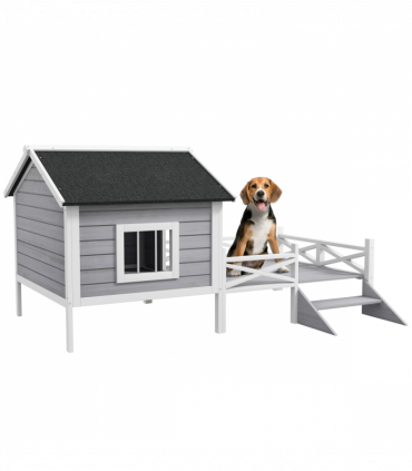 PawHut Wooden Dog House w/ Porch, Water-resistant Roof, for S M Dogs, Grey