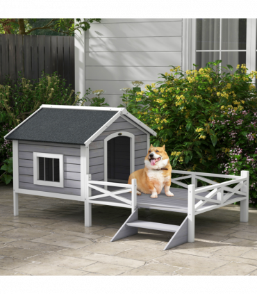 PawHut Wooden Dog House w/ Porch, Water-resistant Roof, for S M Dogs, Grey