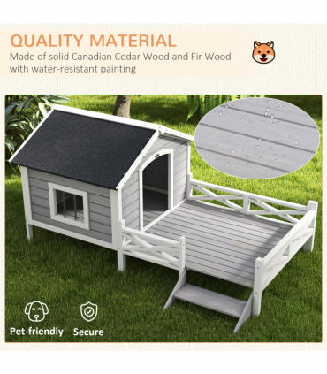 PawHut Wooden Dog House w/ Porch, Water-resistant Roof, for S M Dogs, Grey