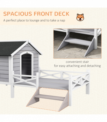 PawHut Wooden Dog House w/ Porch, Water-resistant Roof, for S M Dogs, Grey