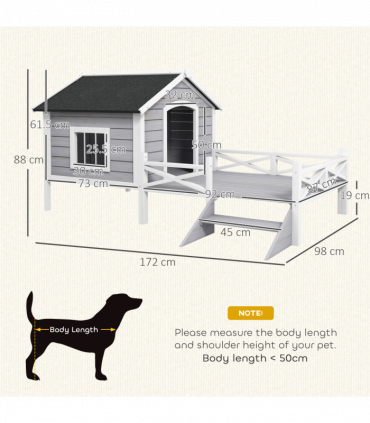 PawHut Wooden Dog House w/ Porch, Water-resistant Roof, for S M Dogs, Grey