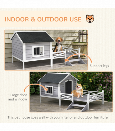 PawHut Wooden Dog House w/ Porch, Water-resistant Roof, for S M Dogs, Grey