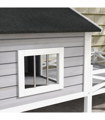 PawHut Wooden Dog House w/ Porch, Water-resistant Roof, for S M Dogs, Grey