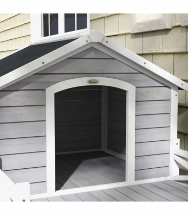 PawHut Wooden Dog House w/ Porch, Water-resistant Roof, for S M Dogs, Grey