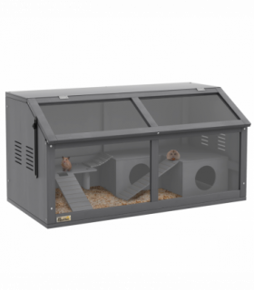 PawHut Wooden Hamster Cage for Gerbils w/ Suspension Bridge, Ladders