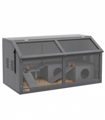 PawHut Wooden Hamster Cage for Gerbils w/ Suspension Bridge, Ladders