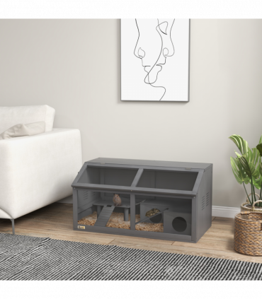 PawHut Wooden Hamster Cage for Gerbils w/ Suspension Bridge, Ladders