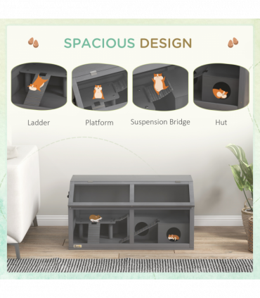 PawHut Wooden Hamster Cage for Gerbils w/ Suspension Bridge, Ladders