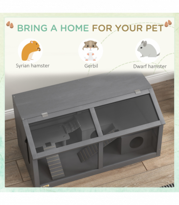 PawHut Wooden Hamster Cage for Gerbils w/ Suspension Bridge, Ladders