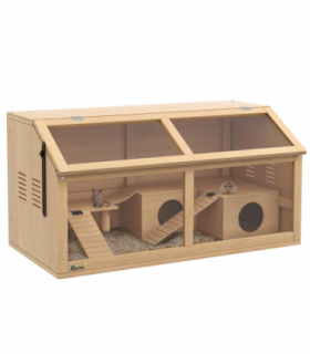 PawHut Wooden Hamster Cage for Gerbils w/ Suspension Bridge, Ladders, Nature