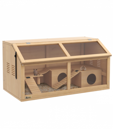 PawHut Wooden Hamster Cage for Gerbils w/ Suspension Bridge, Ladders, Nature