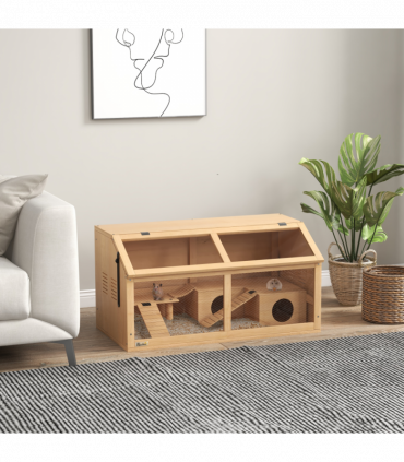 PawHut Wooden Hamster Cage for Gerbils w/ Suspension Bridge, Ladders, Nature