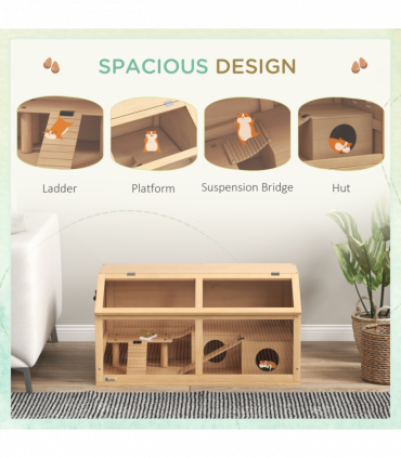 PawHut Wooden Hamster Cage for Gerbils w/ Suspension Bridge, Ladders, Nature