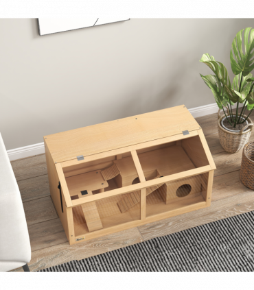 PawHut Wooden Hamster Cage for Gerbils w/ Suspension Bridge, Ladders, Nature