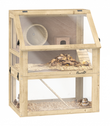 PawHut Wooden Hamster Cage w/ Detachable Bottom, Hut, Seesaw, 60 x 40 x 75cm