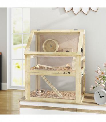PawHut Wooden Hamster Cage w/ Detachable Bottom, Hut, Seesaw, 60 x 40 x 75cm