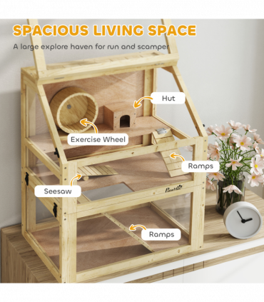 PawHut Wooden Hamster Cage w/ Detachable Bottom, Hut, Seesaw, 60 x 40 x 75cm