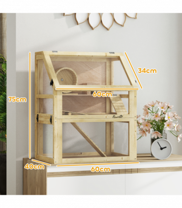 PawHut Wooden Hamster Cage w/ Detachable Bottom, Hut, Seesaw, 60 x 40 x 75cm