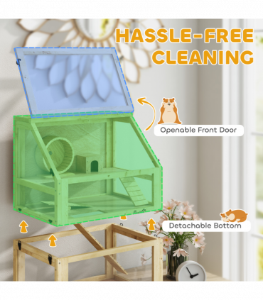 PawHut Wooden Hamster Cage w/ Detachable Bottom, Hut, Seesaw, 60 x 40 x 75cm