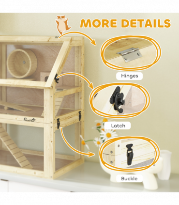 PawHut Wooden Hamster Cage w/ Detachable Bottom, Hut, Seesaw, 60 x 40 x 75cm