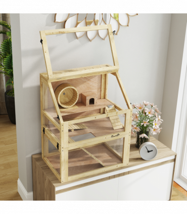 PawHut Wooden Hamster Cage w/ Detachable Bottom, Hut, Seesaw, 60 x 40 x 75cm