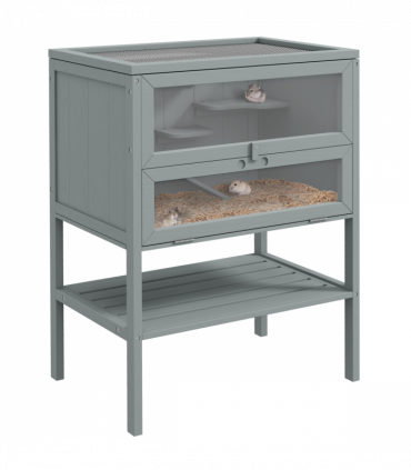 PawHut Wooden Hamster Cage w/ Storage Shelf, Openable Top for Gerbils, Grey