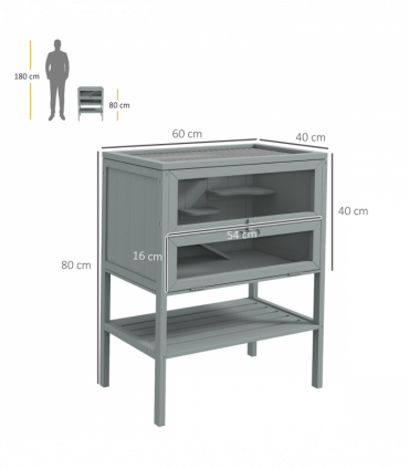 PawHut Wooden Hamster Cage w/ Storage Shelf, Openable Top for Gerbils, Grey