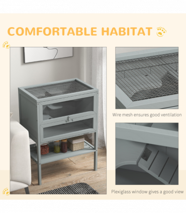 PawHut Wooden Hamster Cage w/ Storage Shelf, Openable Top for Gerbils, Grey