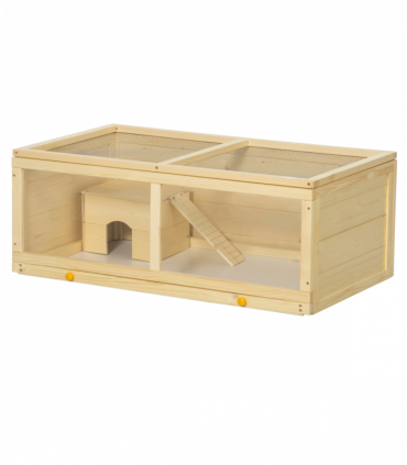 PawHut Wooden Hamster Cage with Sliding Tray, Openable Top, Hut Natural Wood