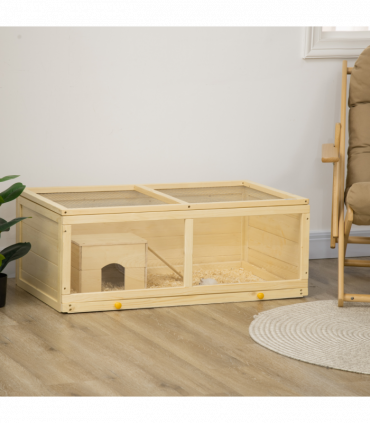 PawHut Wooden Hamster Cage with Sliding Tray, Openable Top, Hut Natural Wood