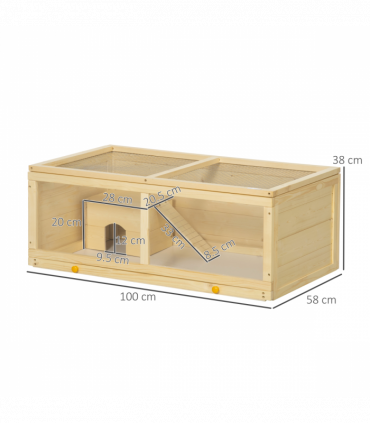 PawHut Wooden Hamster Cage with Sliding Tray, Openable Top, Hut Natural Wood