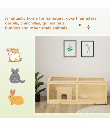 PawHut Wooden Hamster Cage with Sliding Tray, Openable Top, Hut Natural Wood