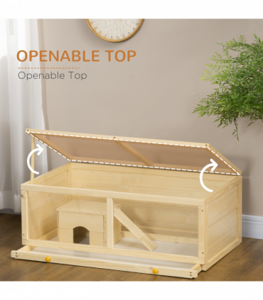PawHut Wooden Hamster Cage with Sliding Tray, Openable Top, Hut Natural Wood
