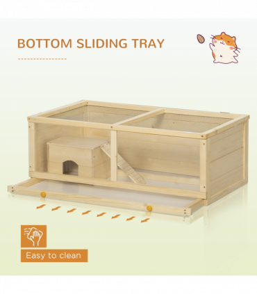 PawHut Wooden Hamster Cage with Sliding Tray, Openable Top, Hut Natural Wood