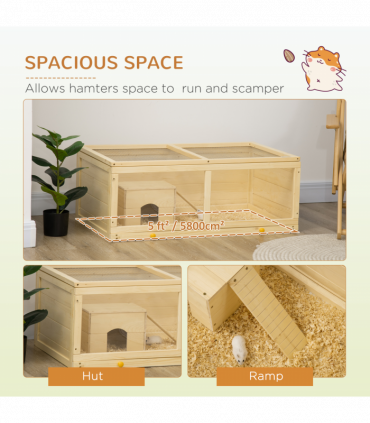 PawHut Wooden Hamster Cage with Sliding Tray, Openable Top, Hut Natural Wood