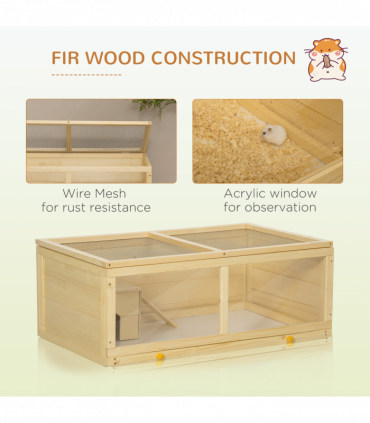 PawHut Wooden Hamster Cage with Sliding Tray, Openable Top, Hut Natural Wood