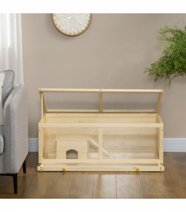 PawHut Wooden Hamster Cage with Sliding Tray, Openable Top, Hut Natural Wood