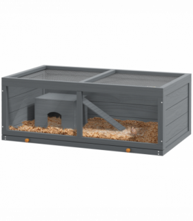 PawHut Wooden Hamster Cage with Sliding Tray, Openable Top, Hut, Grey