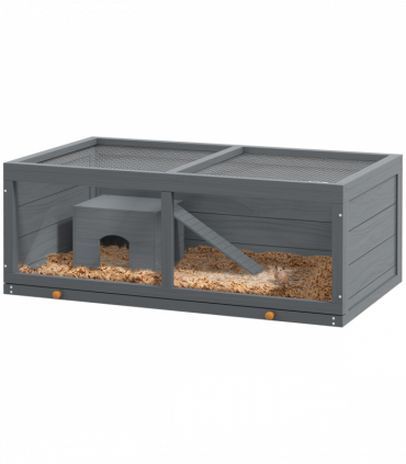 PawHut Wooden Hamster Cage with Sliding Tray, Openable Top, Hut, Grey