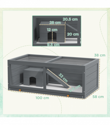 PawHut Wooden Hamster Cage with Sliding Tray, Openable Top, Hut, Grey