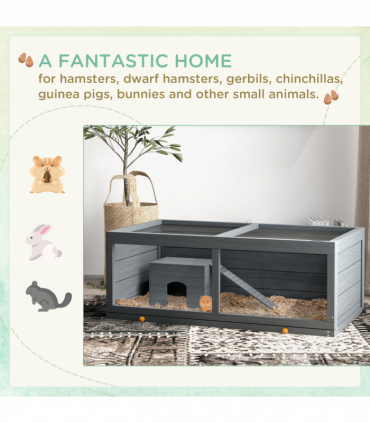 PawHut Wooden Hamster Cage with Sliding Tray, Openable Top, Hut, Grey