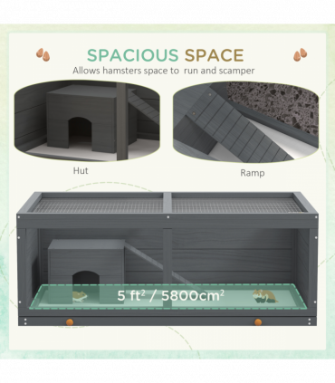 PawHut Wooden Hamster Cage with Sliding Tray, Openable Top, Hut, Grey