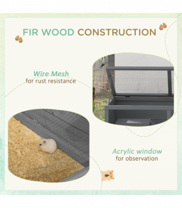 PawHut Wooden Hamster Cage with Sliding Tray, Openable Top, Hut, Grey