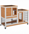 PawHut Wooden Indoor Rabbit Hutch Elevated Bunny Cage w/ Enclosed Run Wheel
