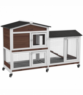 PawHut Wooden Rabbit Hutch Guinea Pig Cage w/ Wheels, Run, Ramp, Brown