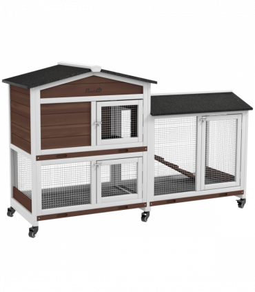 PawHut Wooden Rabbit Hutch Guinea Pig Cage w/ Wheels, Run, Ramp, Brown