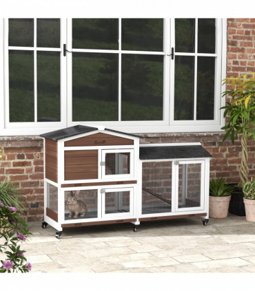 PawHut Wooden Rabbit Hutch Guinea Pig Cage w/ Wheels, Run, Ramp, Brown