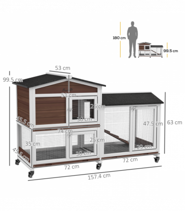 PawHut Wooden Rabbit Hutch Guinea Pig Cage w/ Wheels, Run, Ramp, Brown