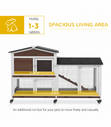 PawHut Wooden Rabbit Hutch Guinea Pig Cage w/ Wheels, Run, Ramp, Brown