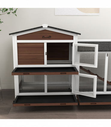 PawHut Wooden Rabbit Hutch Guinea Pig Cage w/ Wheels, Run, Ramp, Brown